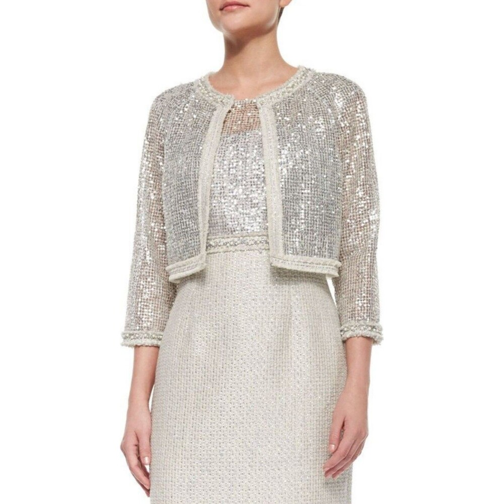 Kay Unger Sequin Sheath Dress Suit Women's 14 White Silver Formal Career Retro